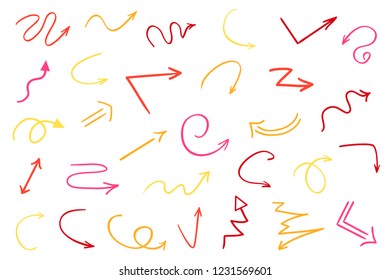 Colored infographic elements on isolated white background. Hand drawn simple arrows. Line art. Set of different pointers. Abstract indicators