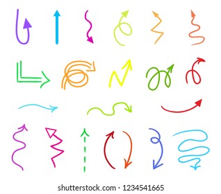 Colored infographic elements on isolated white background. Hand drawn simple arrows. Line art. Set of different pointers. Abstract indicators