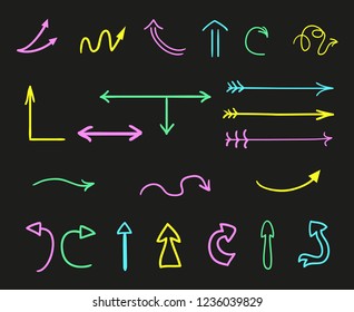 Colored infographic elements on isolated black background. Hand drawn simple arrows. Line art. Set of different pointers. Abstract indicators. Doodles for work. Art creation