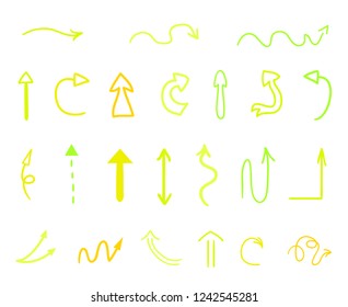 Colored infographic elements on isolated white background. Hand drawn simple arrows. Line art. Set of different pointers. Abstract indicators