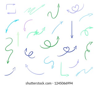 Colored infographic elements on isolated white background. Hand drawn simple arrows. Line art. Set of different pointers. Abstract indicators