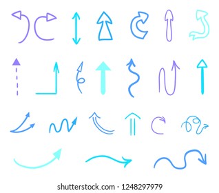 Colored infographic elements on isolated white background. Hand drawn simple arrows. Line art. Set of different pointers. Abstract indicators