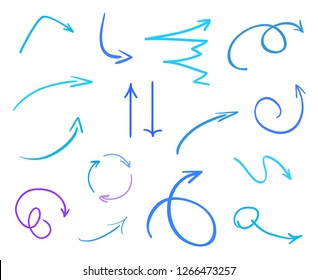 Colored infographic elements on isolated white background. Hand drawn simple arrows. Line art. Set of different pointers. Abstract indicators