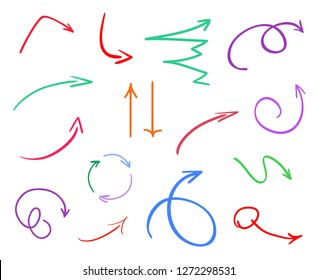 Colored infographic elements on isolated white background. Hand drawn simple arrows. Line art. Set of different pointers. Abstract indicators