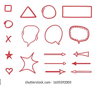 Colored infographic elements on isolation background. Big set of different signs. Hand drawn simple circle. Arrows and frames. Doodle for work