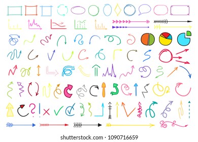 Colored infographic elements on white background. Hand drawn simple arrows. Line art. Set of different pointers. Abstract indicators. Doodles for work. Art creation