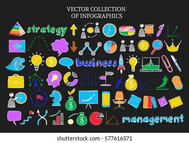 Colored infographic sketch icons set of business strategy and management elements on dark background isolated vector illustration