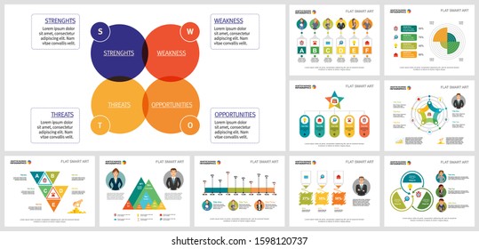 Colored infographics layout set for management report, recruitment analysis, presentation slide, web design. Business and HR statistics concept with process diagram, bar, percentage, and cycle charts.