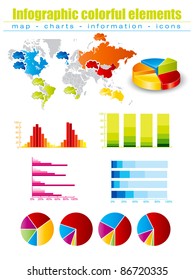 Farbige Infografiken mit Karten und Diagrammen im bearbeitbaren Vektorformat