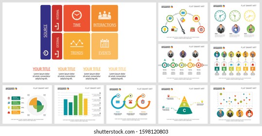 Colored infographics template set for annual analytics, teamwork report, presentation, web graphic. Business and development concept with process diagram, bar, percentage, radial, and cycle charts.