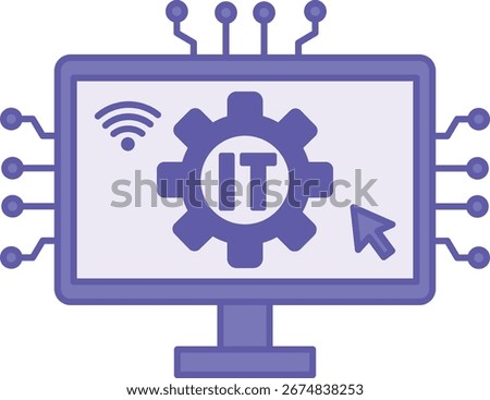 Colored Information Technology Icon. Vector Illustration. Computer, Gear, Wi-Fi, and Computer Mouse Cursor. Data Collection, Processing, and Transfer to Get Information