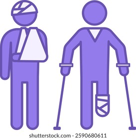 Colored Injury Icon. Vector Illustration. Man with a Broken Arm and Bandaged Head. Man on Crutches with Leg Injury. Gym and Sports Concept
