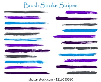 Colored ink cyan violet brush stroke stripes vector set, horizontal marker or paintbrush lines patch. Hand drawn watercolor paint brushes, smudge strokes collection. Interior colors scheme elements.