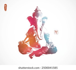 Colored ink painting of Ganesha sitting cross-legged. Traditional oriental ink painting sumi-e, u-sin, go-hua on white background. Hieroglyph - wisdom.