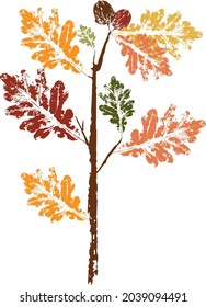 Colored ink print of a fallen autumn leaf. Watercolor leaf. Branch with leaves. Illustration for patterns, packaging, clothing. For furniture, wallpaper and fabrics.