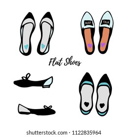 Colored ink sketch. Women's shoes collection: flats. Vector illustration