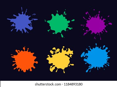 Colored ink splash. Paint splashing and drop dirt colors vector abstract symbols isolated on dark background