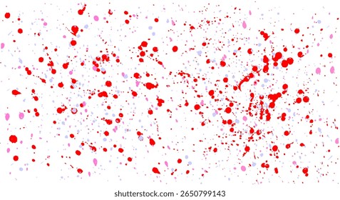 A tinta colorida salta sobre um fundo branco. Um padrão de pequenas gotículas coloridas. Uma textura grunge de pontos multicoloridos, respingos, manchas e manchas.   Clipart vetorial ilustrado. Mão sem empate.