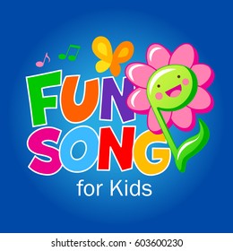 Colored inscription FUN SONG. Flower, butterfly and musical notes. Vector illustration.