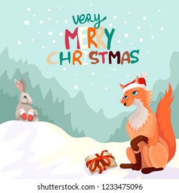 Colored inscription of a Merry Christmas, fox in Santas cap, gift with tape, hare in mittens. The nature and winter forest in snow. Cute cartoon animals. Winter holiday card. Vector illustration