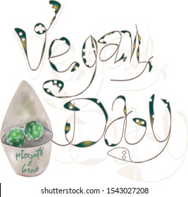 Colored inscription "vegan day" with a green cactus flower and a pot of gray-brown color