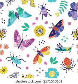 Colored insects. Trendy decorative bugs, grasshoppers and butterflies, summer repeated beetles, garden flowers, vector seamless pattern