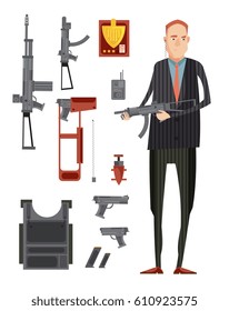 Colored intelligence agency group composition with isolated flat icon set with weapons and man in black vector illustration