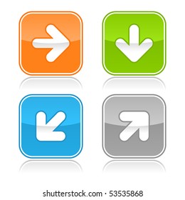 Colored internet web buttons with arrow symbol. Rounded square shape with gray reflection. White background