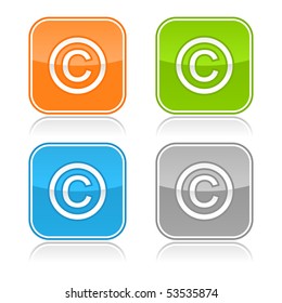 Colored internet web buttons with copyright symbol. Rounded square shape with gray reflection. White background