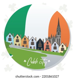 Paisaje de la ciudad irlandesa colorida con un templo Vector de Irlanda