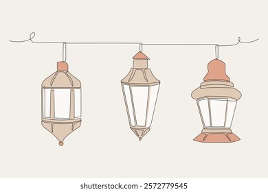 Colored islamic hanging lantern. Hanging lanterns concept one-line drawing