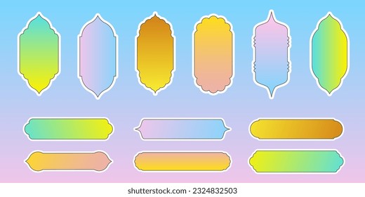 Farbige islamische Formen, Aufkleber. Arktische Türbögen und Rahmen. Set von orientalischen Stilformen im arabischen Stil mit Farbverlauf. Design-Element für islamisches Design, Label, Banner. Bearbeitbarer Vektor