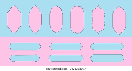 Colored islamic shapes stickers. Arabic Door arches and frames. Set of oriental style arabian style shapes with gradient. Design element for islamic design, label, banner. Editable vector