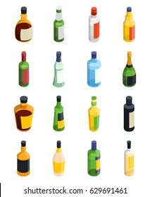 Colored And Isolated Alcohol Isometric Icon Set With Different Sizes And Types Of Bottles Vector Illustration