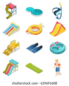 Colored and isolated aqua park isometric icon set with elements of place of entertainment vector illustration