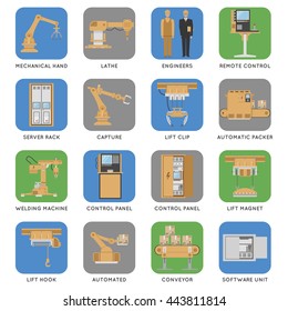 Colored and isolated automated assembly square icon set with descriptions of capture engineers automated conveyor server rack and ext vector illustration