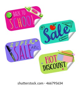 Colored and isolated back to school sale tag or sticker set with different titles vector illustration