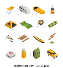 Colored and isolated camping hiking isometric icon set with tools attributes and elements of camp vector illustration