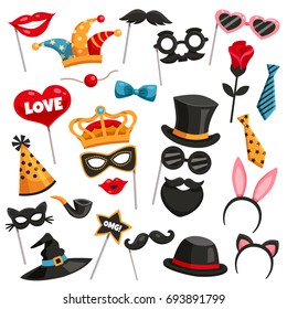 Colored And Isolated Carnival Photo Booth Party Icon Set With Masks Of Various Characters Vector Illustration
