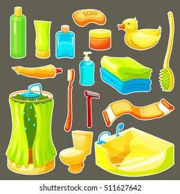 Colored and isolated cartoon bathroom icon set necessary things for showering and furniture vector illustration