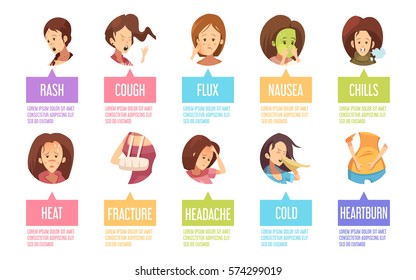 Colored And Isolated Cartoon Sickness Woman Icon Set With Nausea Rash Cough Heat Fracture And Others Descriptions Vector Illustration