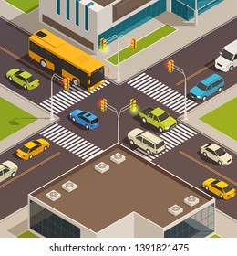 Composición isométrica urbana coloreada y aislada con carretera y travesía en la ilustración vectorial del centro de la ciudad