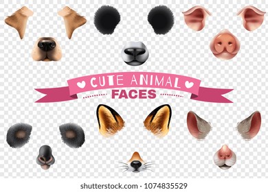 Colored and isolated cute animal faces transparent icon set with different elements of the animal s muzzle to create a cute effect vector illustration