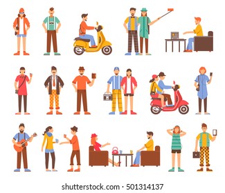 Colored isolated decorative icons set of young people with hipster fashion style on white background flat vector illustration  
