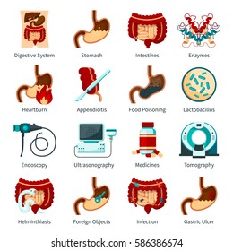 Colored And Isolated Digestive System Flat Icon Set With Stomach Enzymes Heartburn Food Poisoning And Other Descriptions Vector Illustration