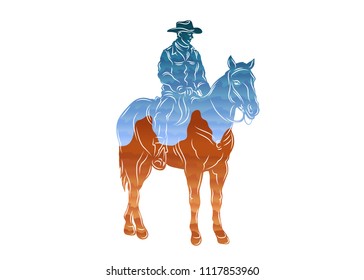 Colored isolated drawn single lines of America Monument Valley cowboy. Gradient carved silhouette. Symbol sign logo of US history. Costume horse landscape Colorado. Blue Orange.