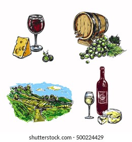 Colored isolated drawn wine vineyard icon set with glass of wine and cheese vineyard landscape vector illustration