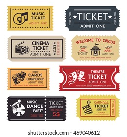 Colored and isolated entertainment ticket set with different texts colors sizes and styles vector illustration