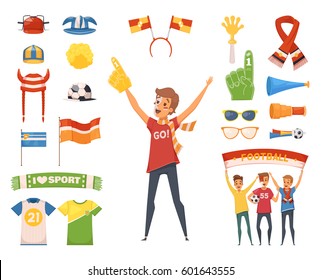 Colored and isolated fan rooter buff male character accessories with tools to cheer for your favorite team vector illustration