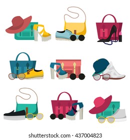 Colored and isolated fashion accessories icon set with womens handbags shoes and hats vector illustration